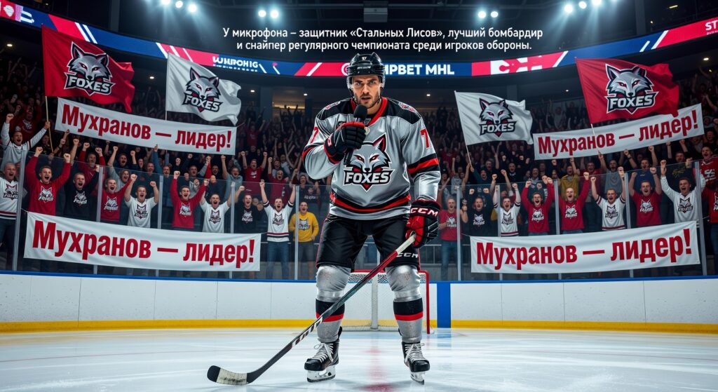 У микрофона – защитник «Стальных Лисов», лучший бомбардир и снайпер регулярного чемпионата среди игроков обороны.